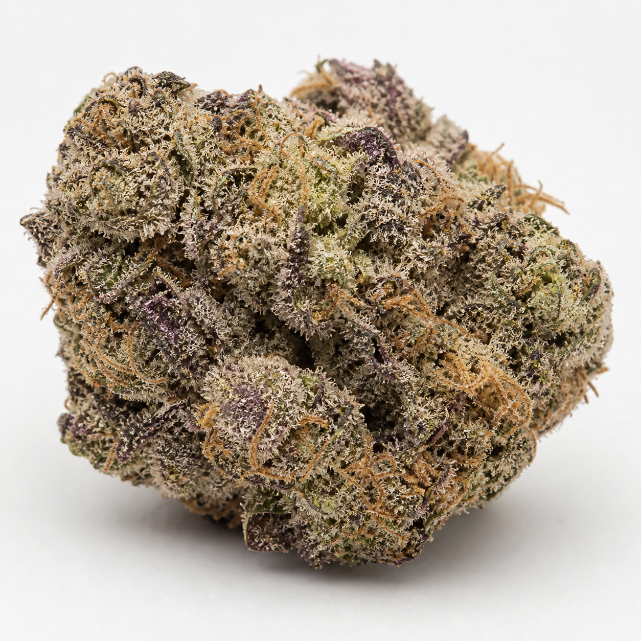 Cogollo de Royal Cookies Feminizada en primer plano, con zonas verdes y moradas, filamentos anaranjados y abundante cobertura blanquecina.
