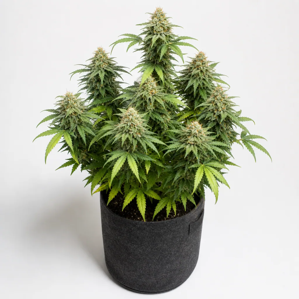 Planta de Royal Cookies Feminizada en floración, con numerosos cogollos y hojas verdes y amarillentas, en maceta oscura sobre fondo blanco.