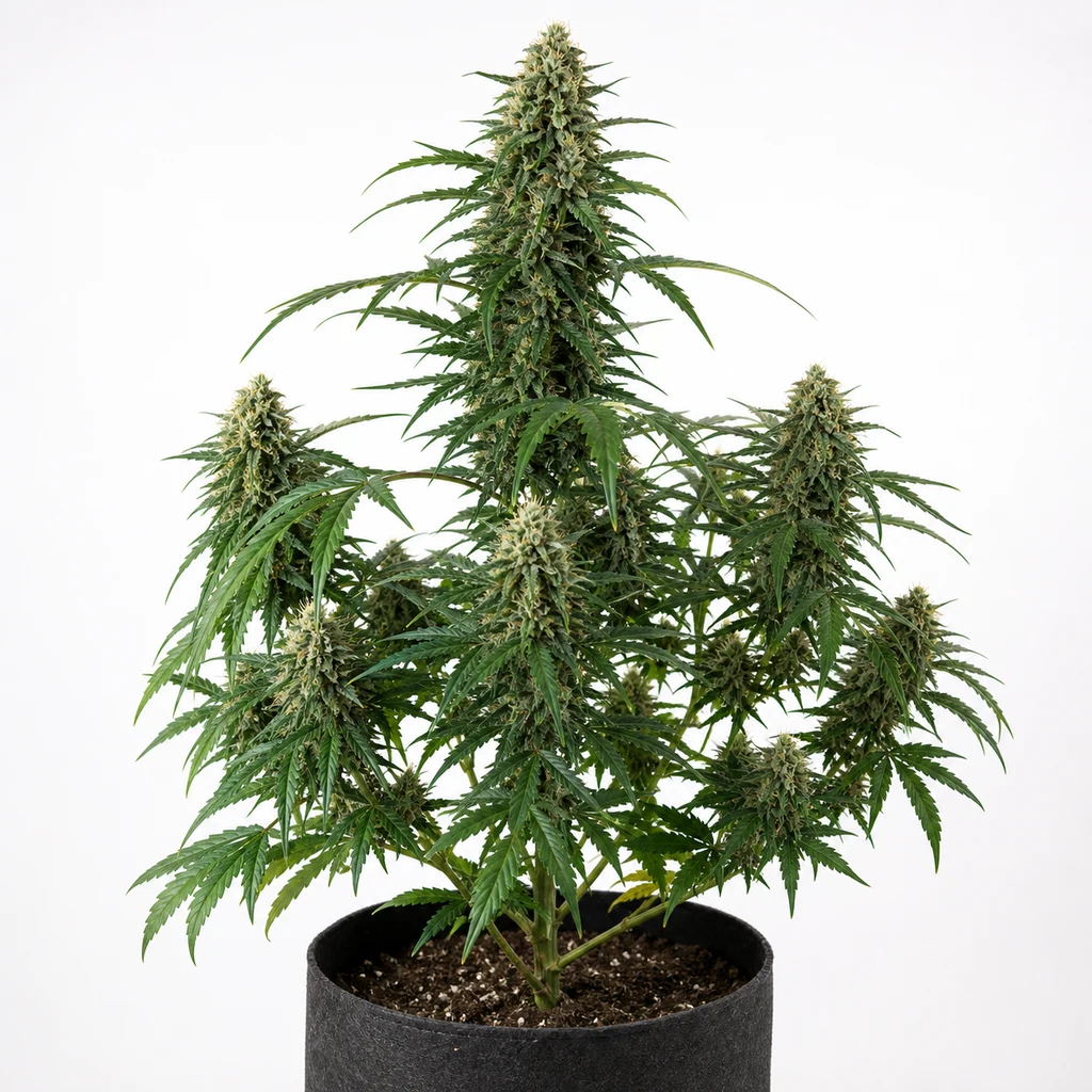 Ilustración de una planta de cannabis en maceta, con cola central alta y ramas floridas, para la ficha de Royal Moby Feminizada.