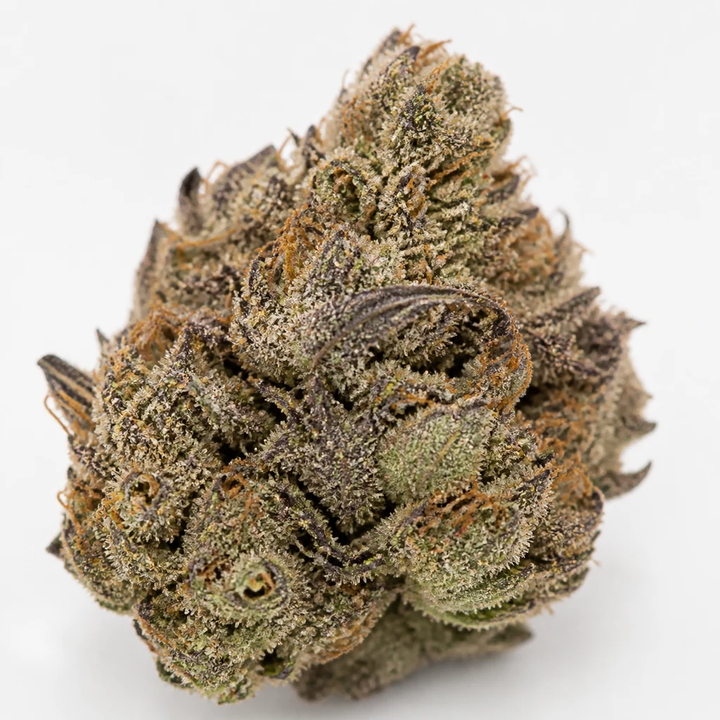 Ilustración de un cogollo compacto con tonos verdes y morados y pistilos anaranjados para la ficha de RS11 x Purple Punch.