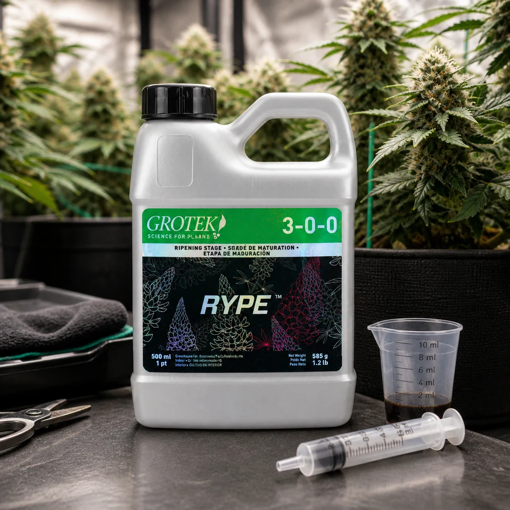 Garrafa de Rype Grotek con etiqueta 3-0-0, junto a un vaso medidor y una jeringa, con plantas al fondo. Garrafa de Rype Grotek con etiqueta 3-0-0, junto a un vaso medidor y una jeringa, con plantas al fondo.