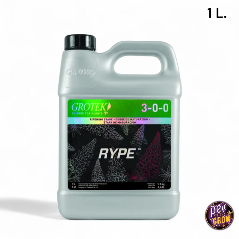 Garrafa gris de Rype Organics Grotek de 1 L, con asa, tapón negro y etiqueta verde y negra con la fórmula 3-0-0.