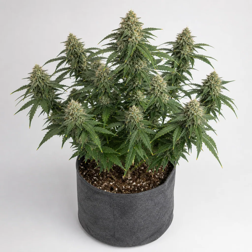 Planta de Sage N Sour de TH Seeds en floración, con varios cogollos y hojas verdes dentadas, en maceta textil gris sobre fondo claro.