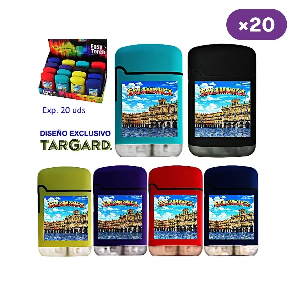 Selección de encendedores Salamanca de distintos colores, con una plaza en el frontal, junto a un expositor y el rótulo de 20 unidades.