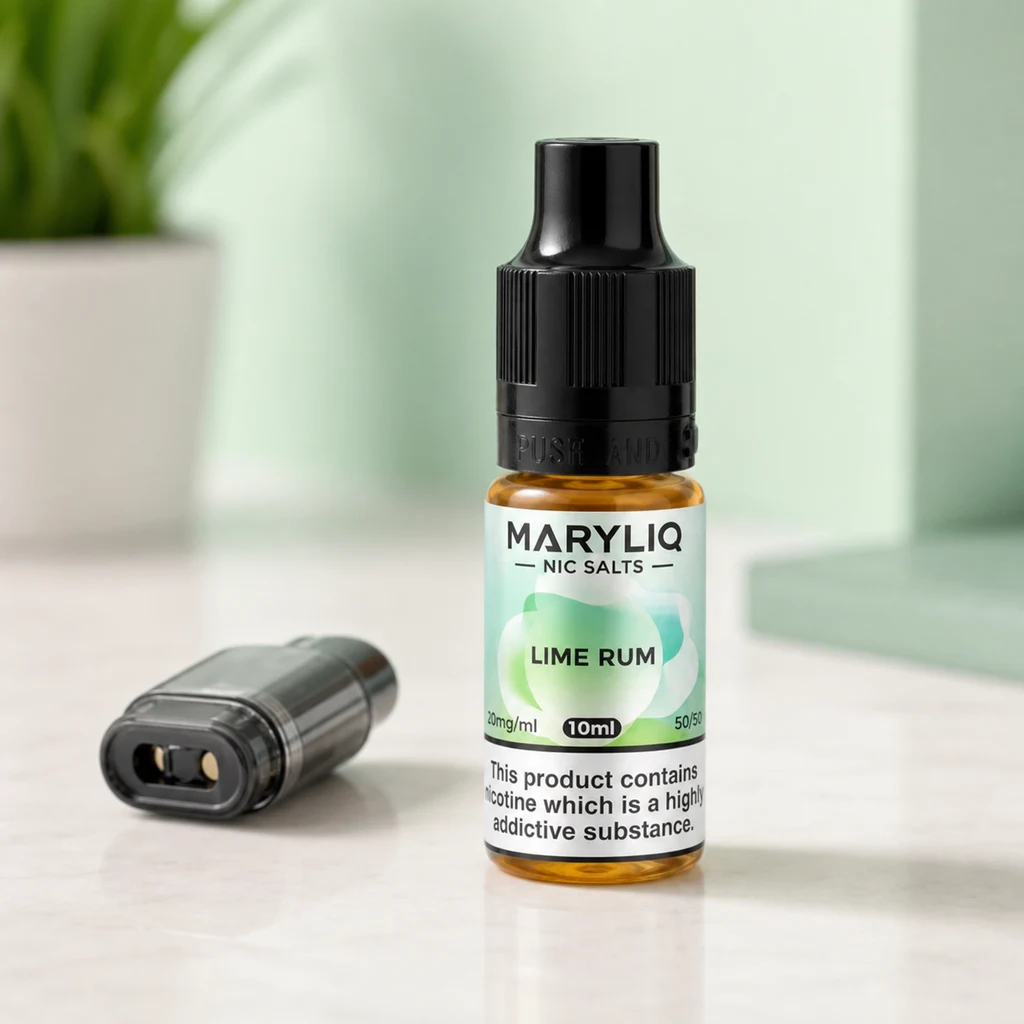 Frasco Maryliq Lime Rum con tapón negro y etiqueta de 10 ml y 20 mg/ml, junto a un cartucho de vapeo sobre una superficie clara.
