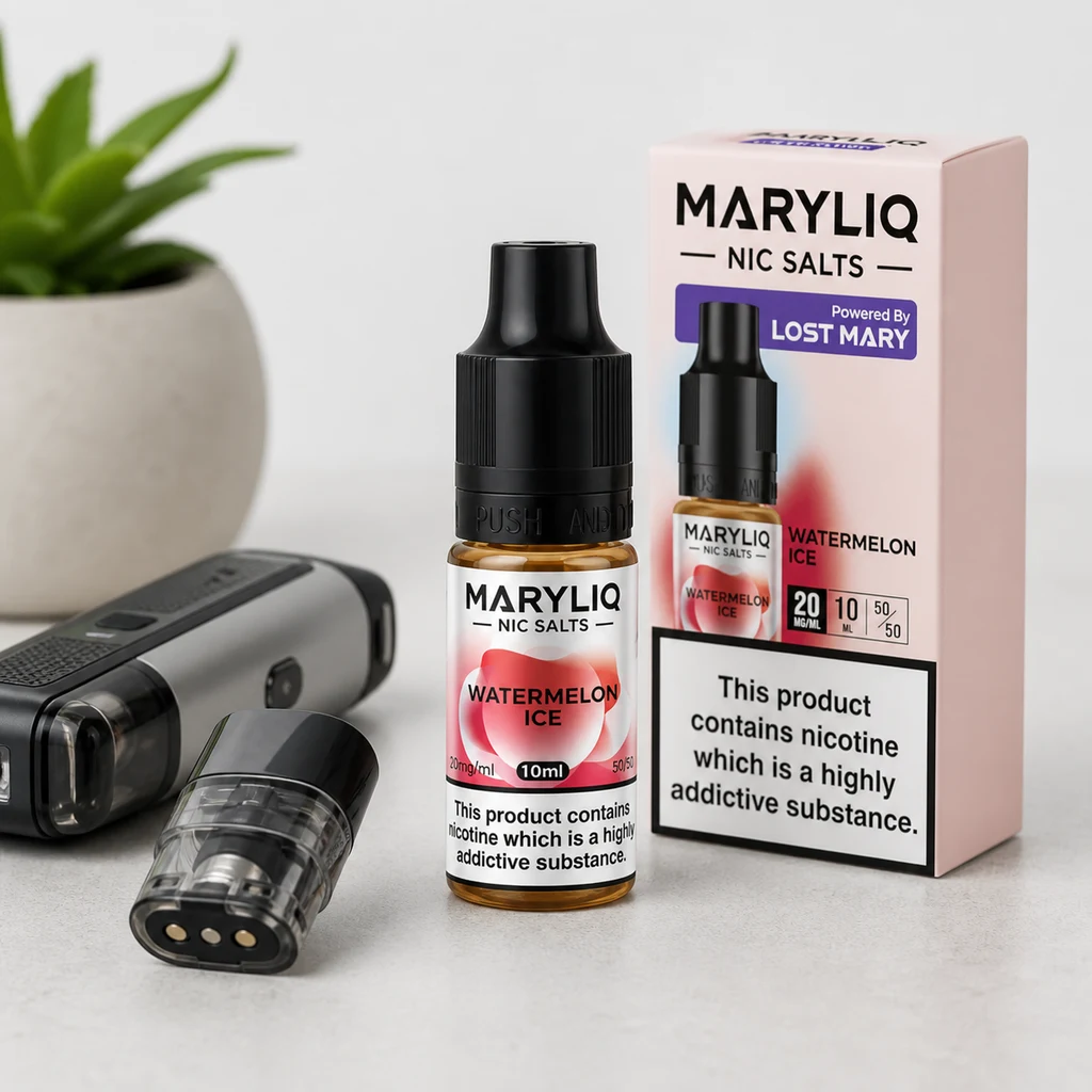 Frasco Maryliq Watermelon Ice y su caja rosa, con etiquetas de 10 ml y 20 mg/ml, junto a un dispositivo de vapeo y un cartucho.