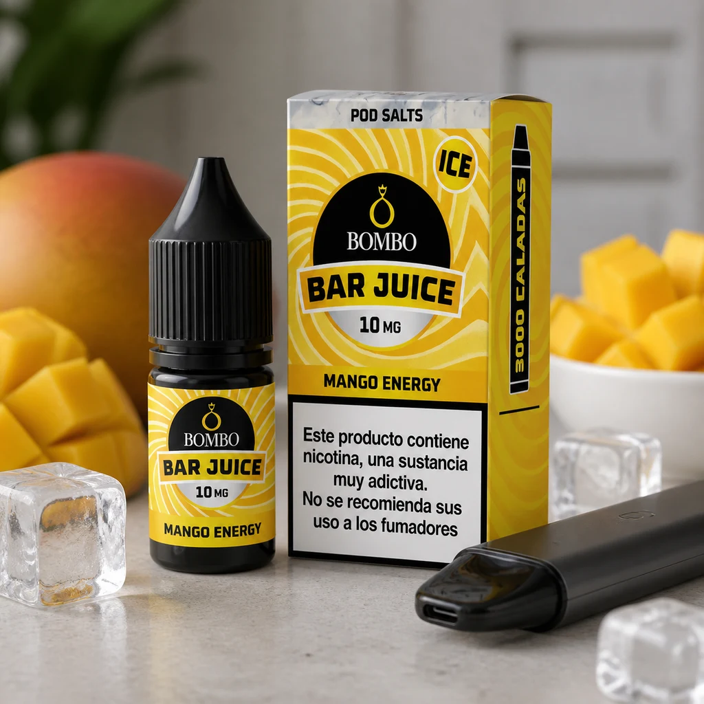 Escena generada con frasco y caja amarilla Bombo Bar Juice Mango Energy Ice 10 mg, junto a mango, hielo y un dispositivo negro.