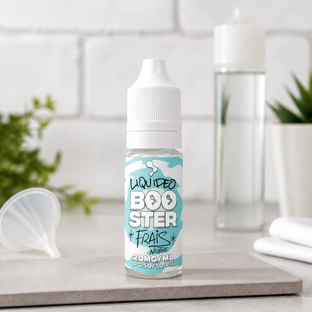 Bote de Liquideo Booster con etiqueta turquesa de 20 mg/ml y PG 50/50 VG, sobre una encimera junto a un embudo.