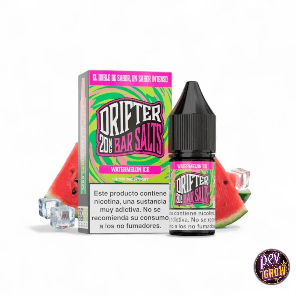 Caja y frasco de Drifter Bar Salts Watermelon Ice con advertencia sobre nicotina, rodeados de trozos de sandía y cubitos de hielo.