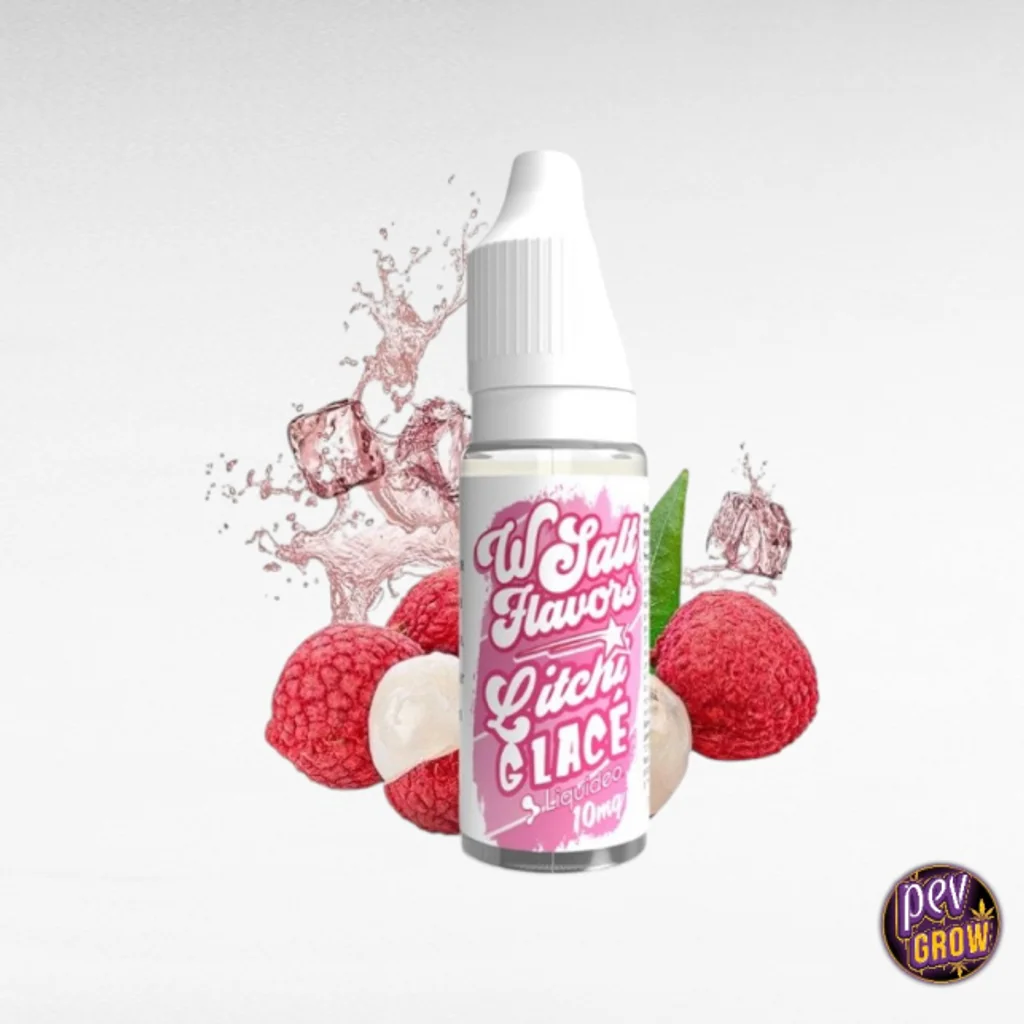 Frasco de Liquideo de 10 ml con tapón blanco y etiqueta rosa «Litchi Glacé», acompañado de lichis, hielo y salpicaduras rosadas.