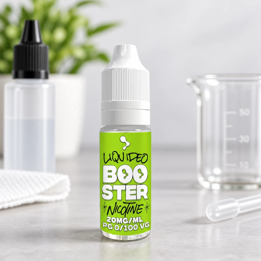 Frasco Liquideo con etiqueta verde de nicotina 20 mg/ml y PG 0/100 VG, junto a una pipeta, un vaso graduado y otro frasco.