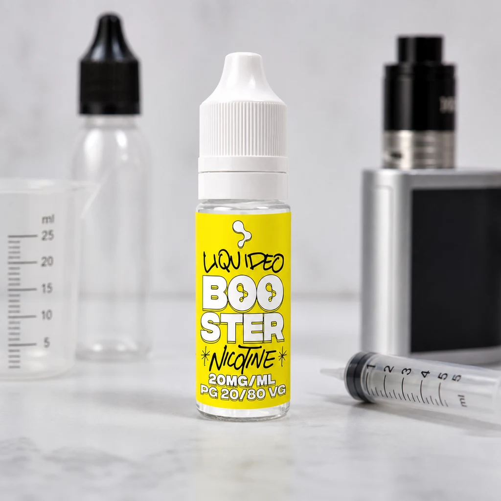 Frasco Liquideo Booster con etiqueta amarilla de 20 mg/ml y PG 20/80 VG, junto a una jeringa, un vaso graduado y un vaporizador.