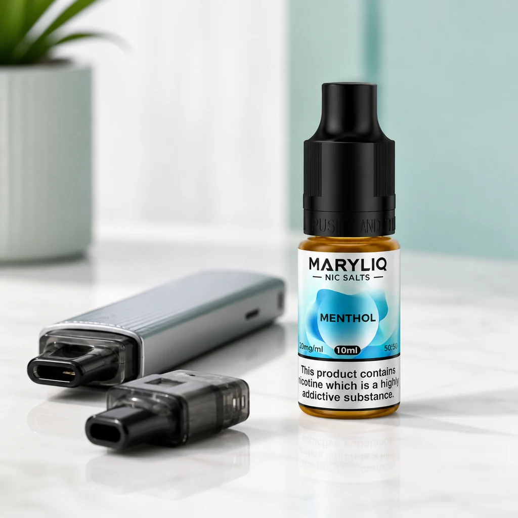 Frasco de Maryliq Menthol de 10 ml con tapón negro y etiqueta azul, junto a un dispositivo de vapeo y un cartucho separado.