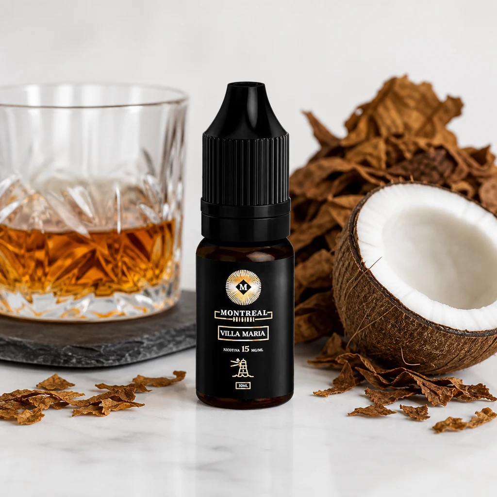 Frasco de Montreal Original Villa Maria de 15 mg/ml, con etiqueta negra, junto a medio coco, hojas secas y un vaso con líquido ámbar.