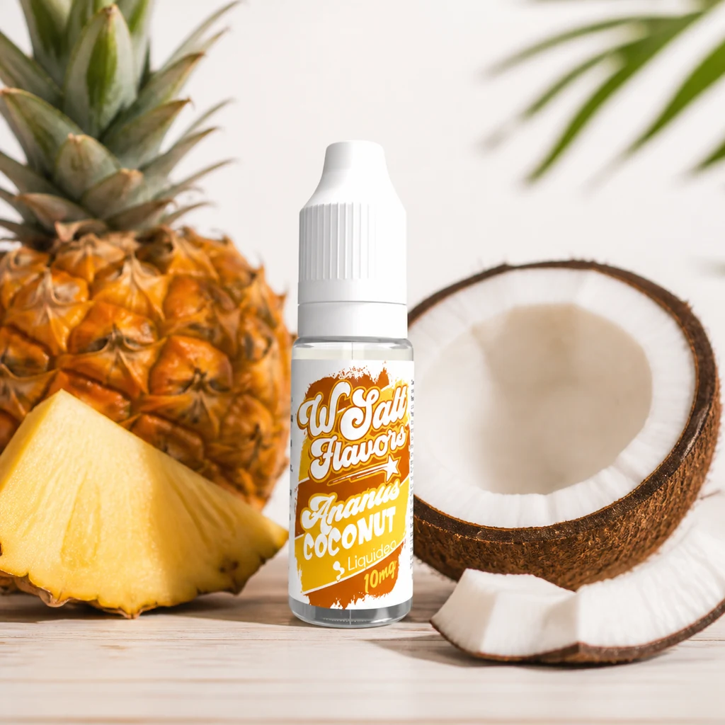 Escena generada de un frasco Liquideo Piña Colada de 10 ml con tapón blanco, entre una piña cortada y un coco abierto.