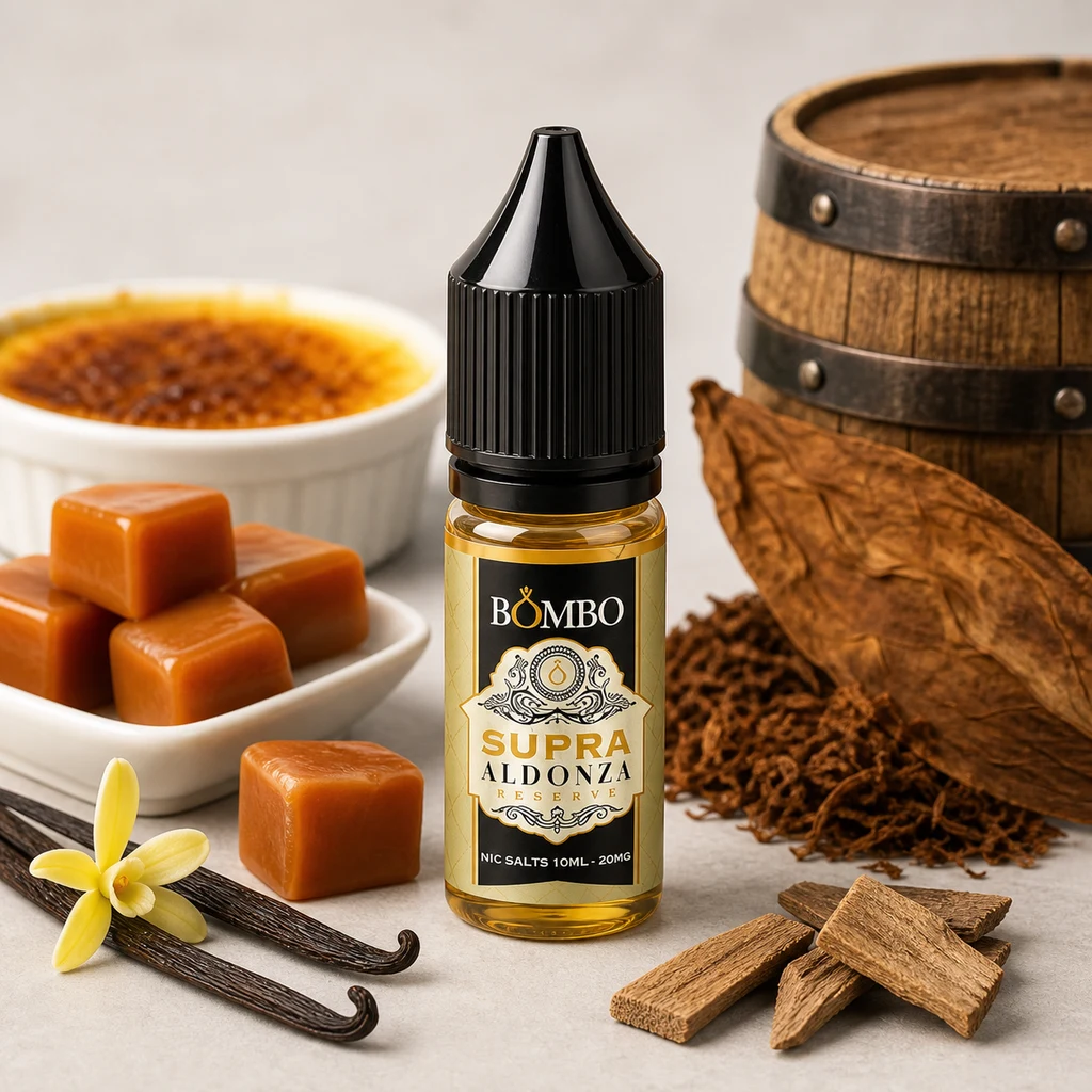 Frasco de Supra Aldonza Reserve con tapón negro, rodeado de caramelos, vainilla, tabaco, trozos de madera y un barril.
