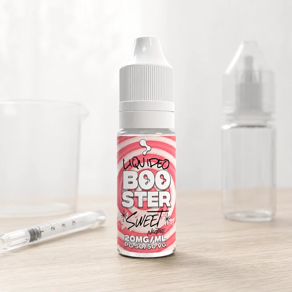 Bote de Sweet Liquideo con tapón blanco y etiqueta rosa de 20 mg/ml y PG 50/50 VG, junto a una jeringa y recipientes desenfocados.