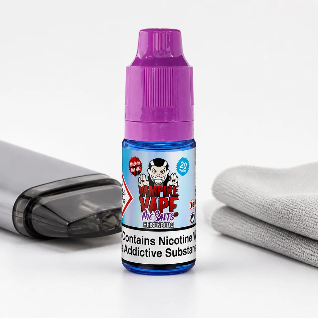 Frasco azul de Vampire Vape Heisenberg con tapón morado, junto a un dispositivo de vapeo y dos toallas grises dobladas.