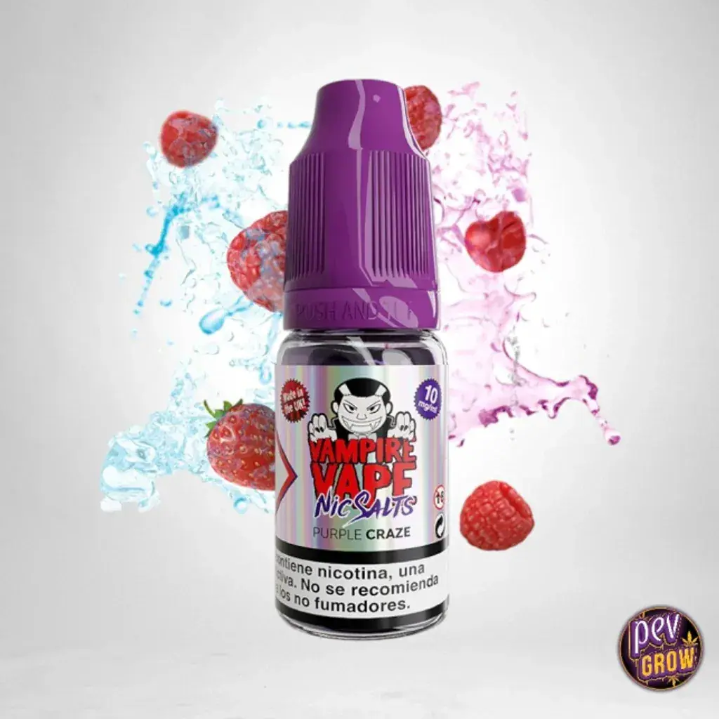 Frasco de sales de nicotina Vampire Vape Purple Craze con tapón morado, rodeado de frutos rojos y salpicaduras azules y rosas.
