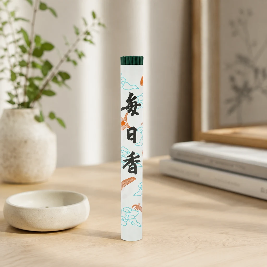 Envase tubular de incienso Mainichikoh con caracteres japoneses y tapa verde, sobre una mesa junto a un cuenco, libros y un jarrón.
