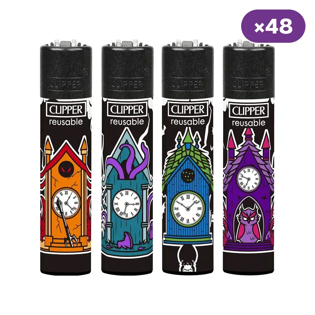 Selección de encendedores Clipper Scary Cucut negros con relojes y criaturas en distintos colores; distintivo de 48 unidades.