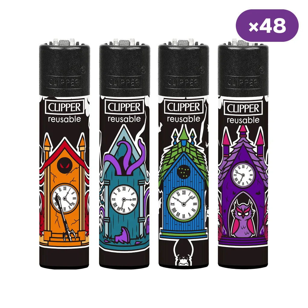 Selección de encendedores Clipper Scary Cucut negros con relojes y criaturas en distintos colores; distintivo de 48 unidades.