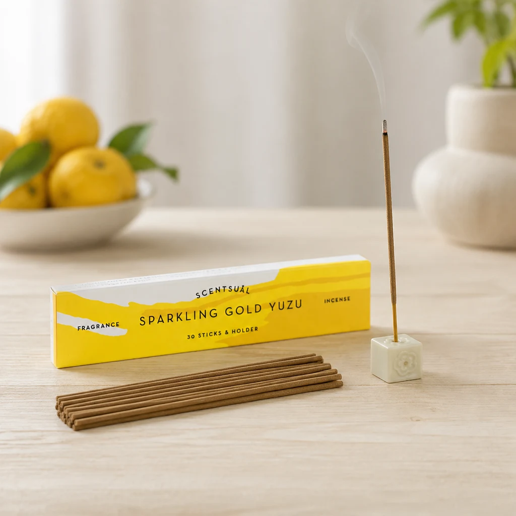 Caja amarilla de incienso Scentsual Sparkling Gold Yuzu, varillas extendidas y una encendida en un soporte blanco sobre una mesa.