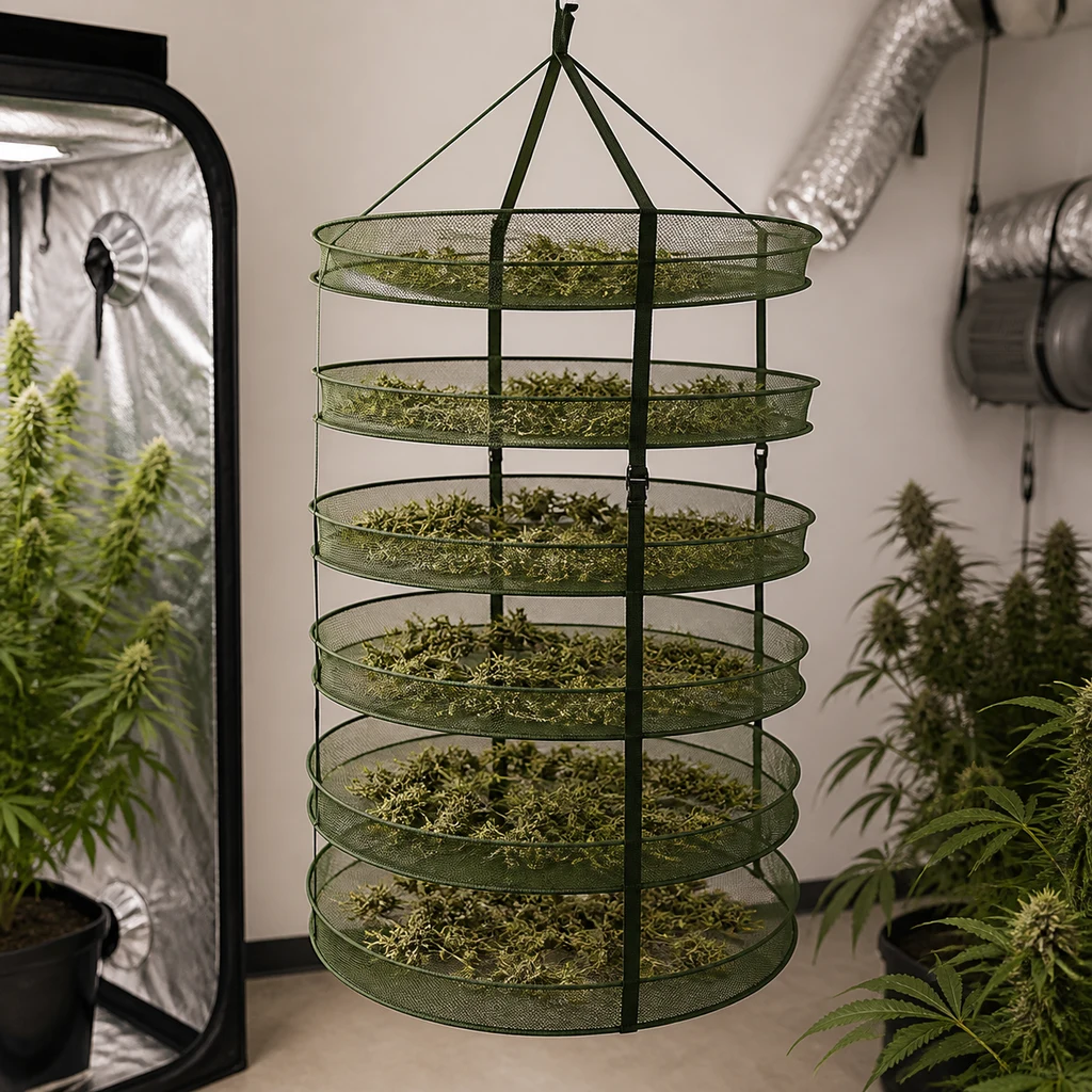 Escena generada del secadero redondo Supergrower colgado, con bandejas de malla llenas de material vegetal y plantas alrededor.