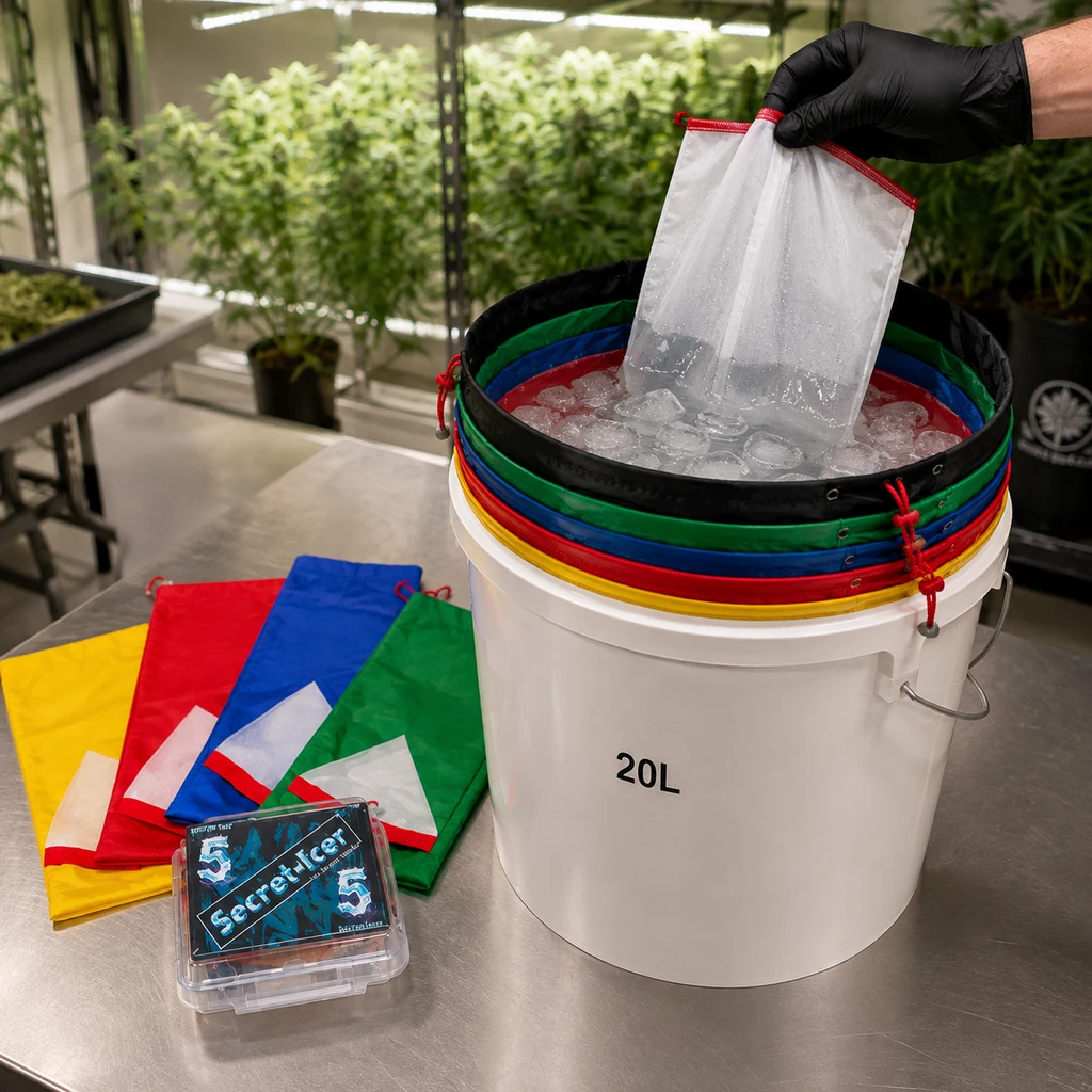 Una mano con guante levanta una bolsa de malla sobre un cubo con hielo y bolsas de colores; otras bolsas y un estuche Secret Icer reposan al lado.
