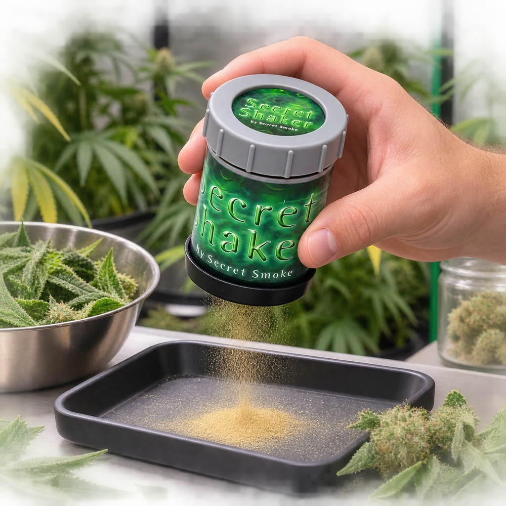 Escena generada de una mano sosteniendo el Secret Shaker sobre una bandeja donde cae polvo dorado, con flores y plantas alrededor.