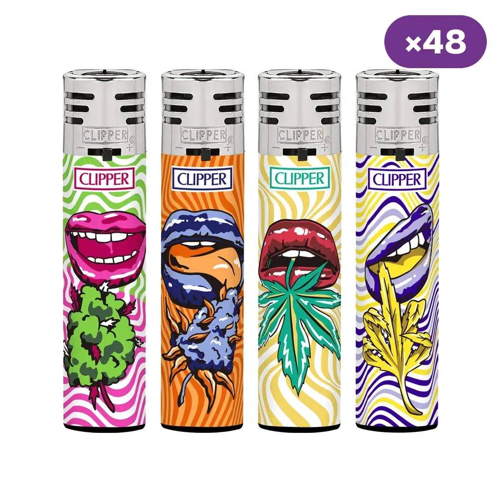 Cuatro diseños de encendedores Clipper con bocas y motivos de cannabis sobre fondos ondulados de colores; distintivo ×48.