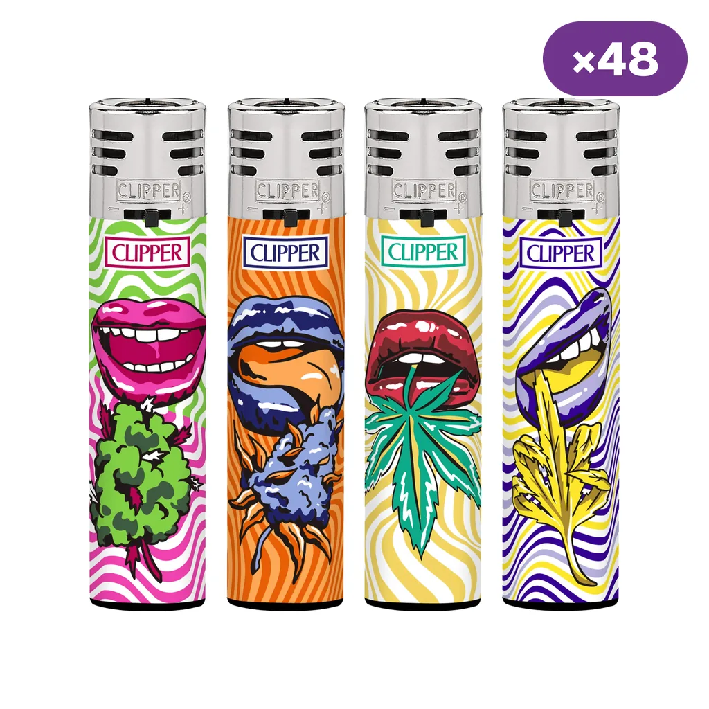 Cuatro diseños de encendedores Clipper con bocas y motivos de cannabis sobre fondos ondulados de colores; distintivo ×48.