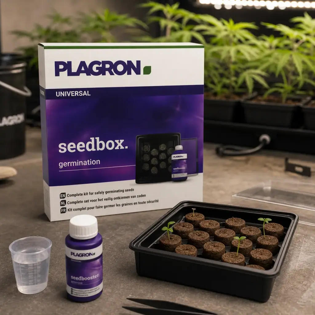 Plagron Seedbox con su caja, bandeja de pastillas de germinación con brotes, frasco Seedbooster y vaso medidor sobre una mesa.