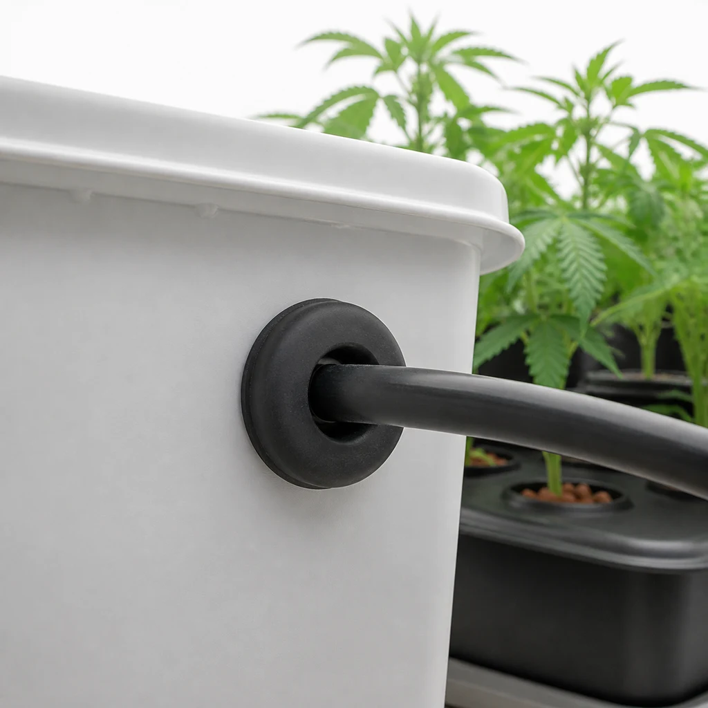 Escena generada del sello GHE con un tubo negro atravesando la pared de un depósito blanco y plantas al fondo.