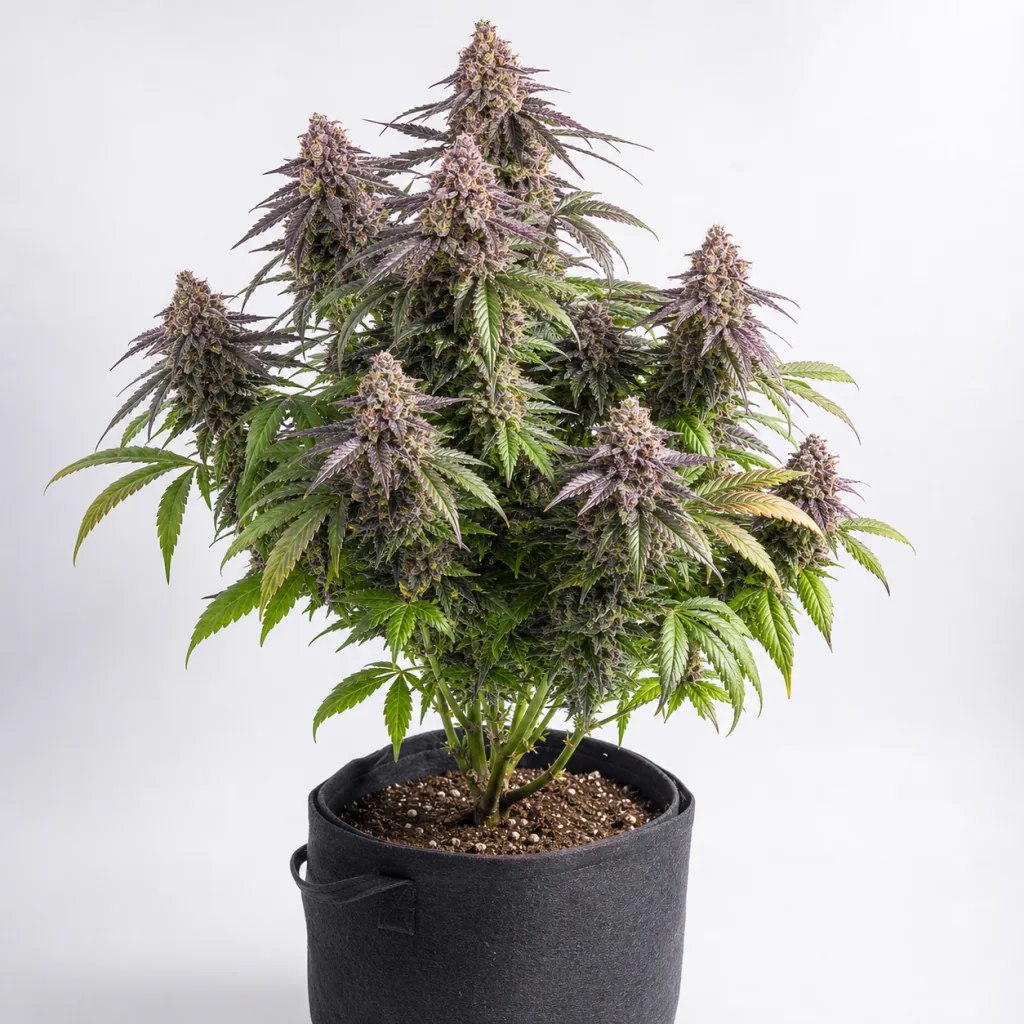 Planta de Calamity Jane Auto en maceta de tela negra, con abundantes cogollos y hojas verdes y moradas sobre fondo claro.