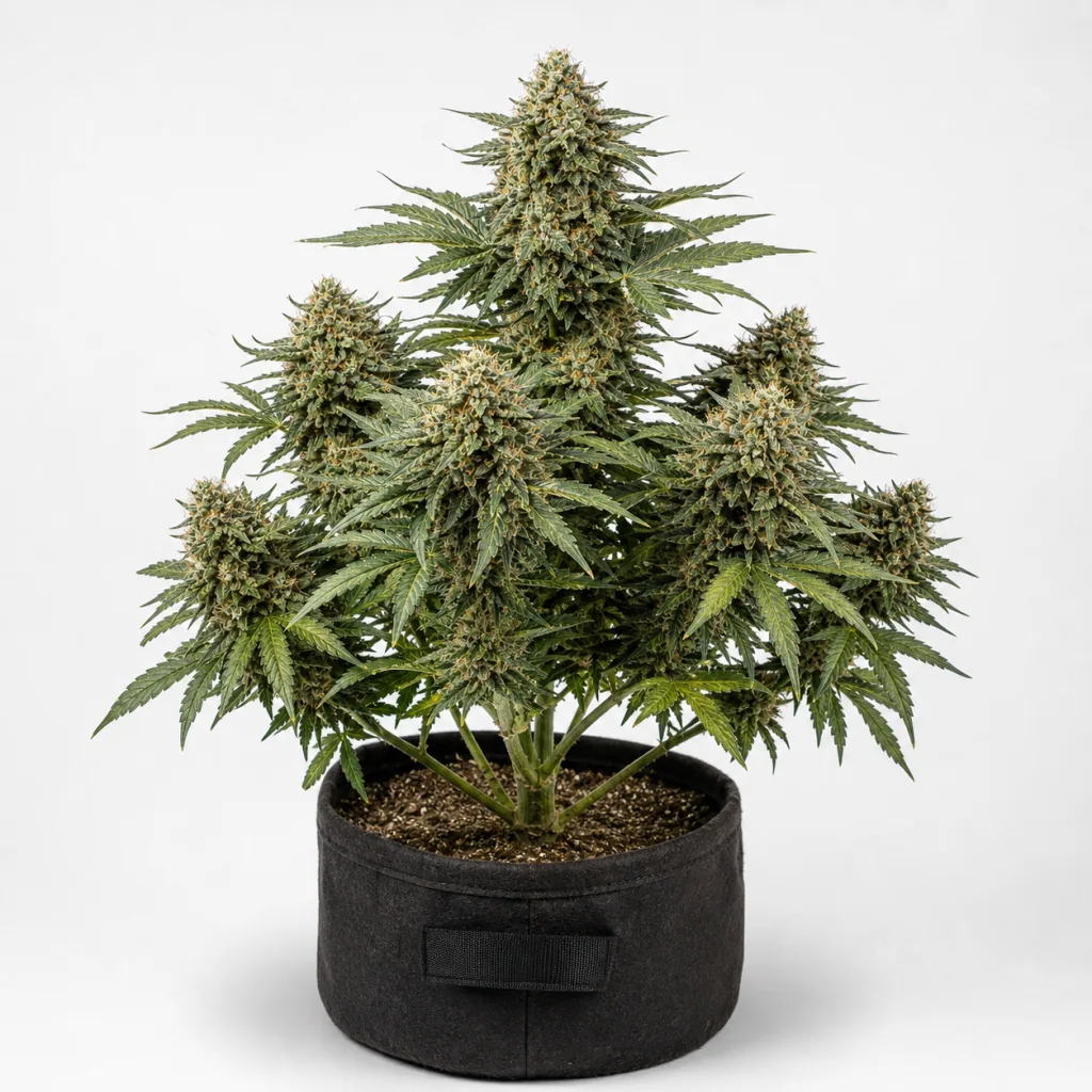 Planta de Original White Widow (IBL) Feminizada en maceta negra de tela, con varios cogollos y hojas verdes sobre fondo blanco.