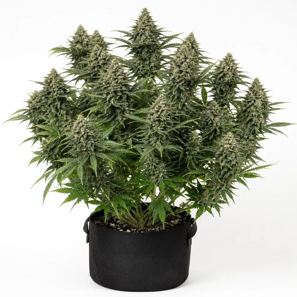 Ilustración de una planta de cannabis con abundantes cogollos en maceta negra para la ficha de Fruit Spirit Feminizada de Royal Queen Seeds.
