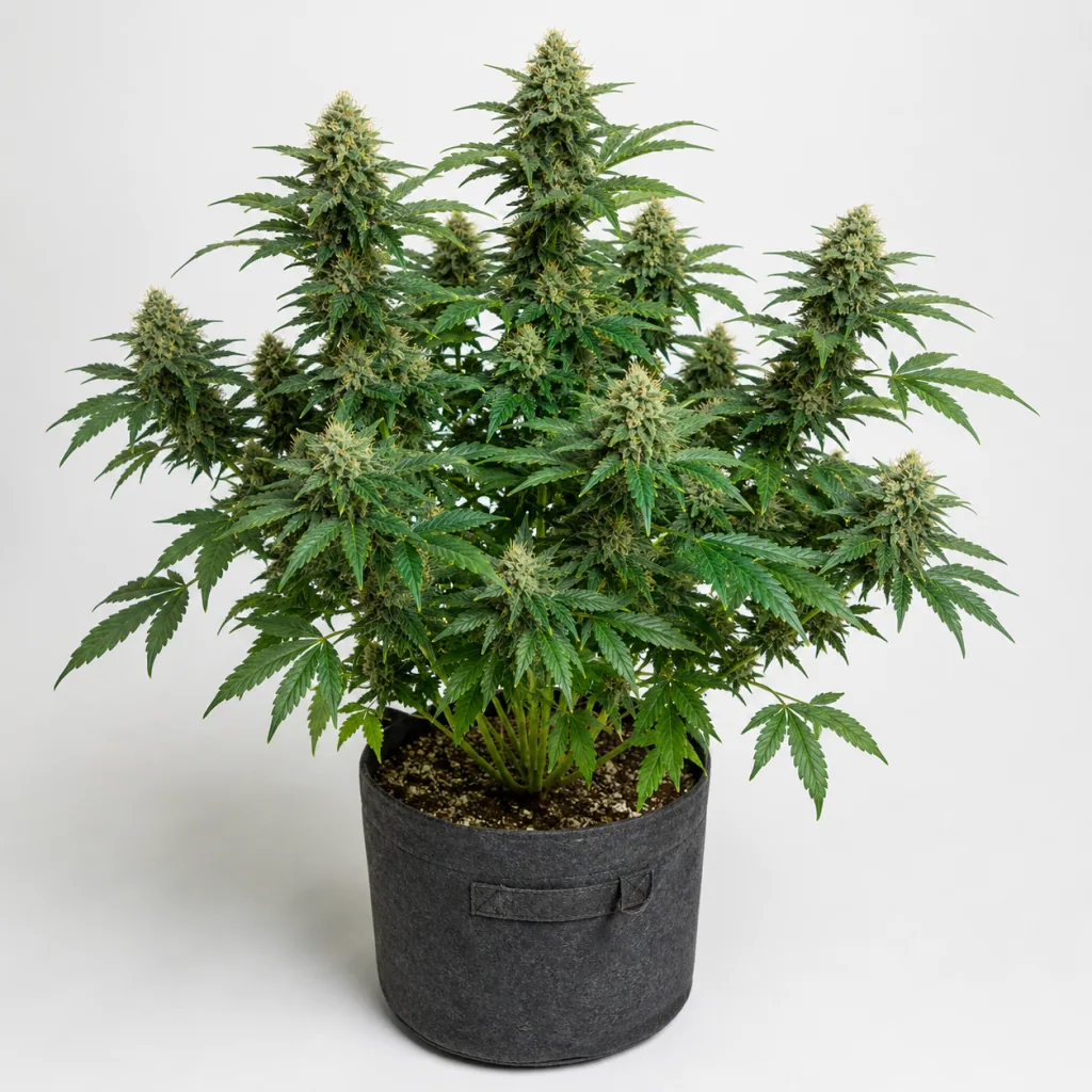 Planta de Anesthesia Auto de Pyramid Seeds en floración, con numerosas ramas y cogollos en una maceta textil gris sobre fondo blanco.