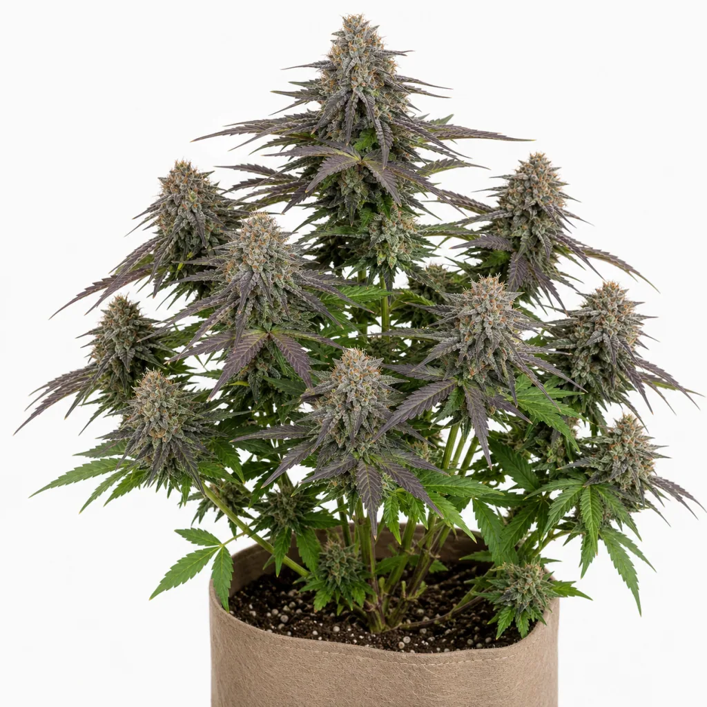 Auto Nefertiti de Pyramid Seeds en floración, con varios cogollos y hojas verdes y moradas, en maceta de tela sobre fondo blanco.