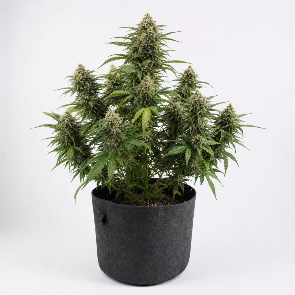 Planta de Auto Super Skunk de 00 Seeds en floración, con cogollos alargados y hojas verdes, en maceta textil negra sobre fondo blanco.