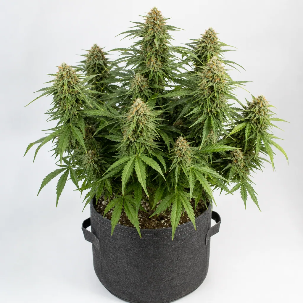 Planta de Chocolate Kush Fast Feminizada en floración, con abundantes cogollos alargados y hojas verdes en una maceta textil con asas.