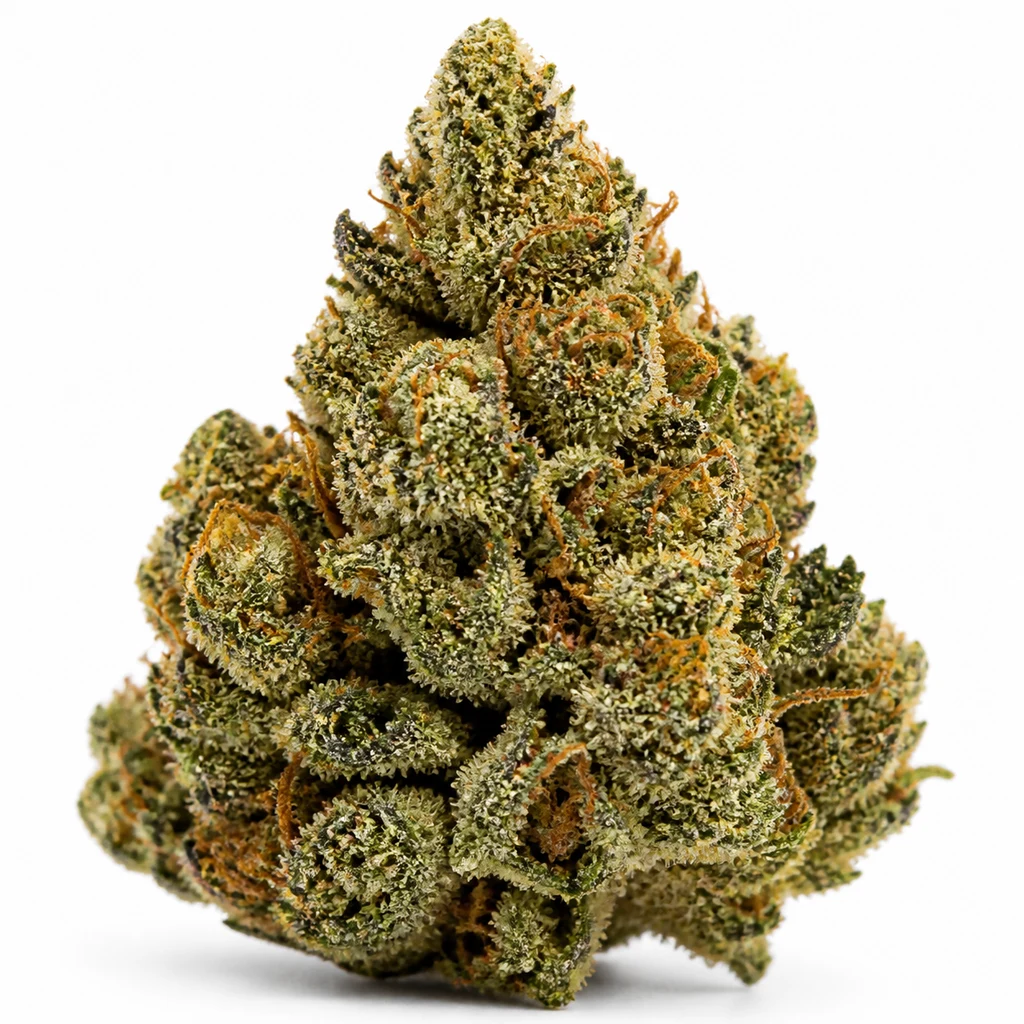 Ilustración de un cogollo verde con tricomas y filamentos anaranjados para la ficha de Sweet Critical CBD Feminizada de 00 Seeds.