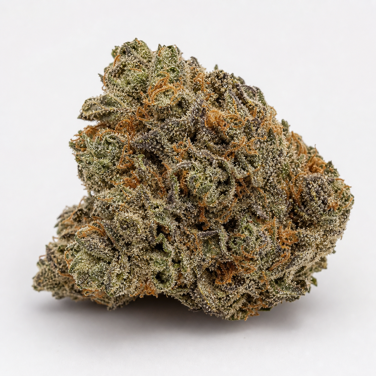 Cogollo de CBD #1 Feminizada de ACE Seeds sobre fondo blanco, con tonos verdes y oscuros, pistilos naranjas y numerosos tricomas.