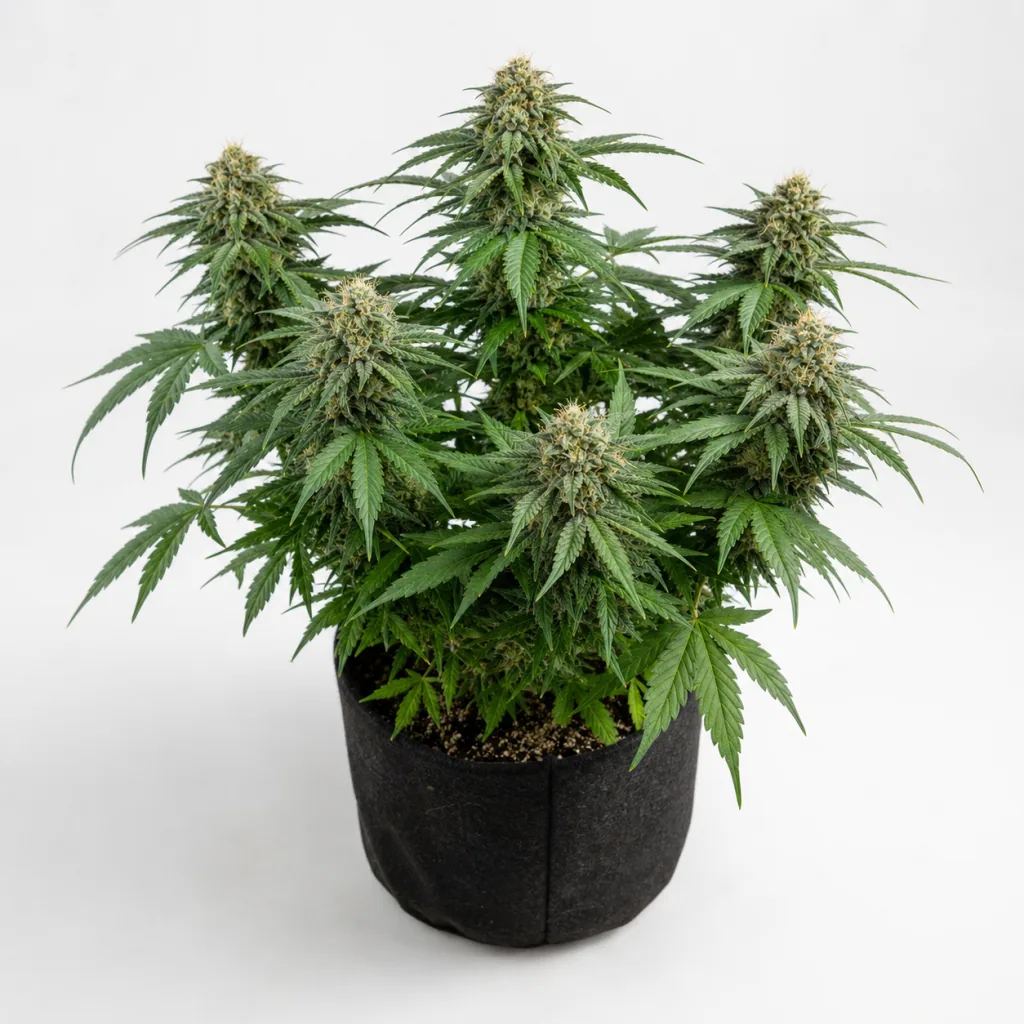 Planta de Nueva Caledonia Regular en maceta textil negra, con varias ramas de cogollos y hojas verdes dentadas sobre fondo claro.