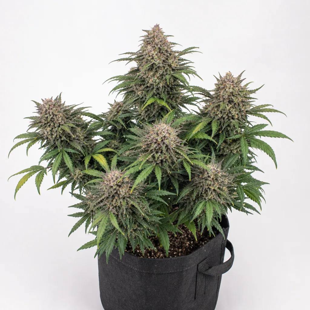 Planta de Amnesia Fast de Advanced Seeds en maceta textil negra, con cogollos voluminosos y hojas verdes sobre fondo blanco.
