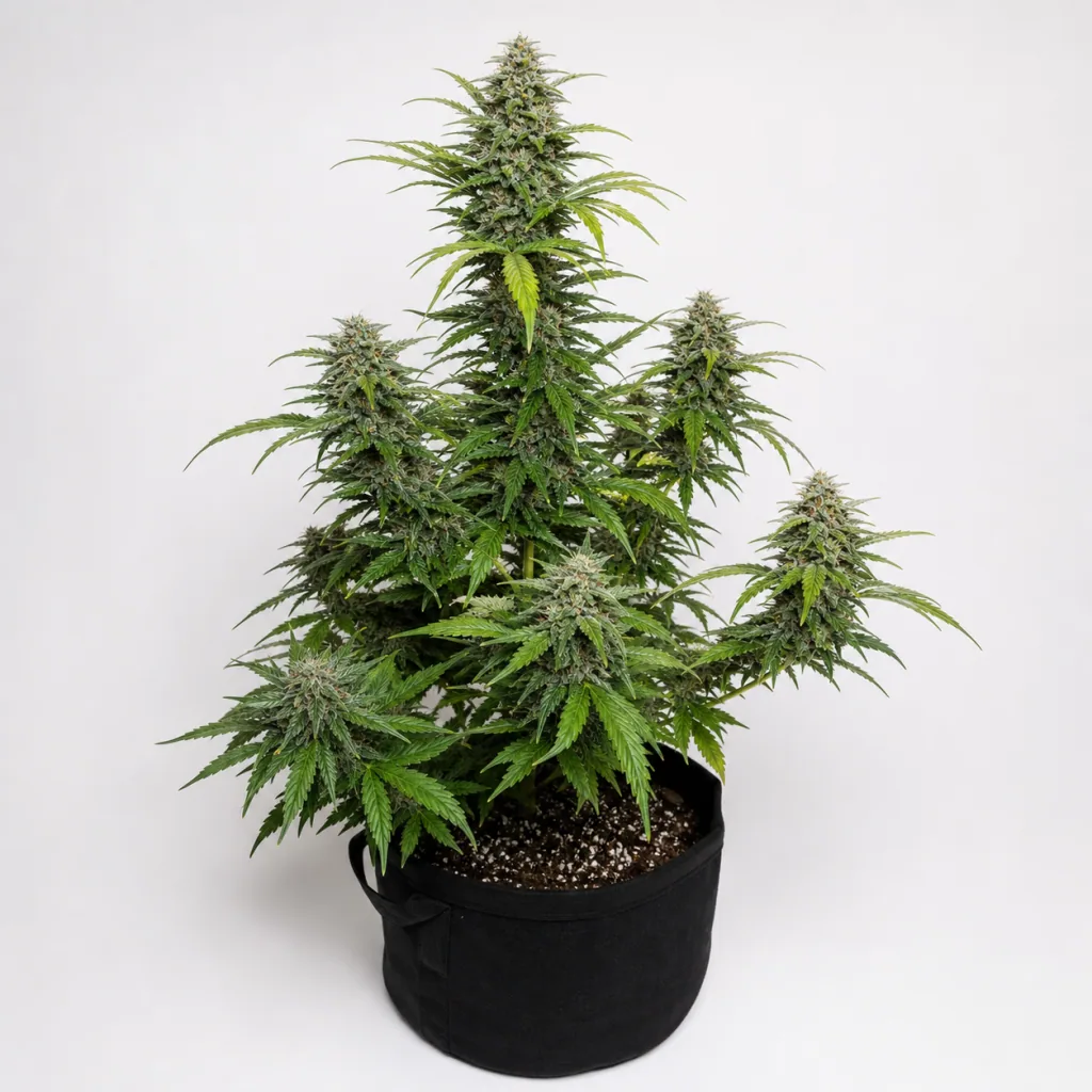 Planta de Auto Slurricane de Advanced Seeds en maceta negra, con una flor central alta y ramas laterales floridas sobre fondo claro.