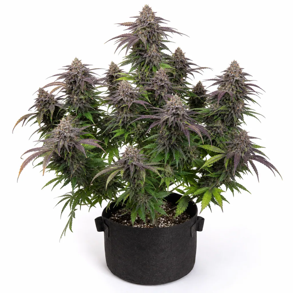 Planta de Gelato 33 Fast Feminizada en maceta negra, con abundantes cogollos y hojas verdes y moradas sobre fondo blanco.