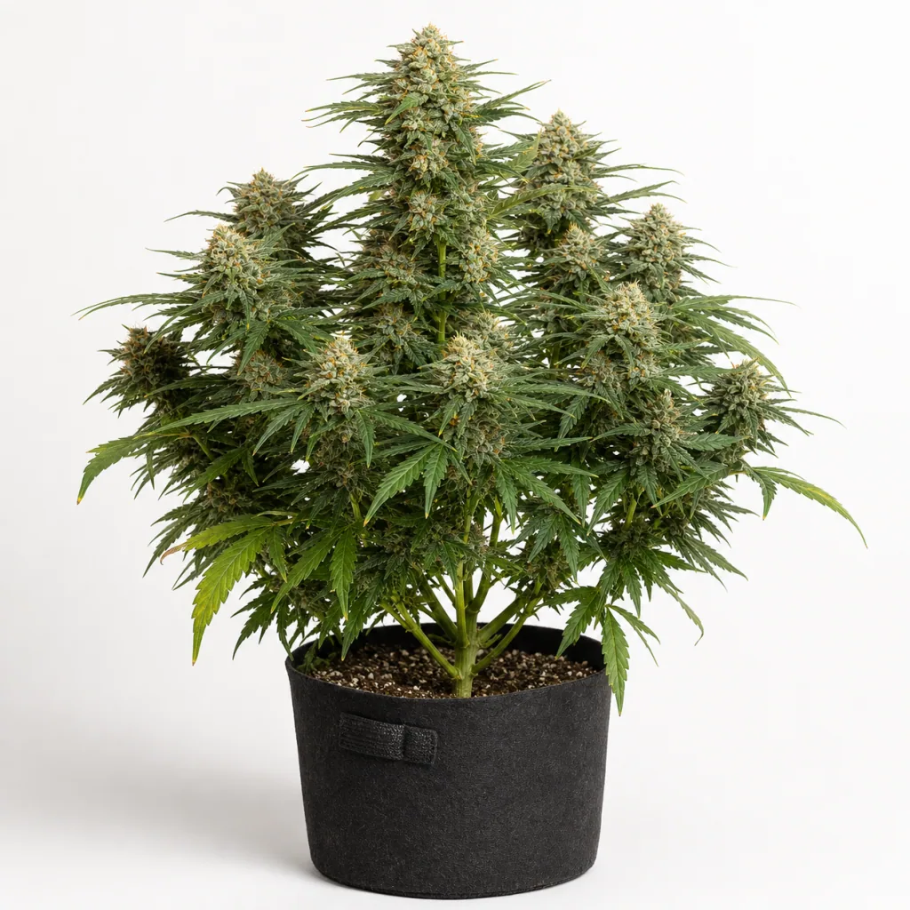Planta de Alaskan Thunder Fuck Feminizada en maceta negra, con abundantes cogollos y hojas verdes sobre fondo blanco.