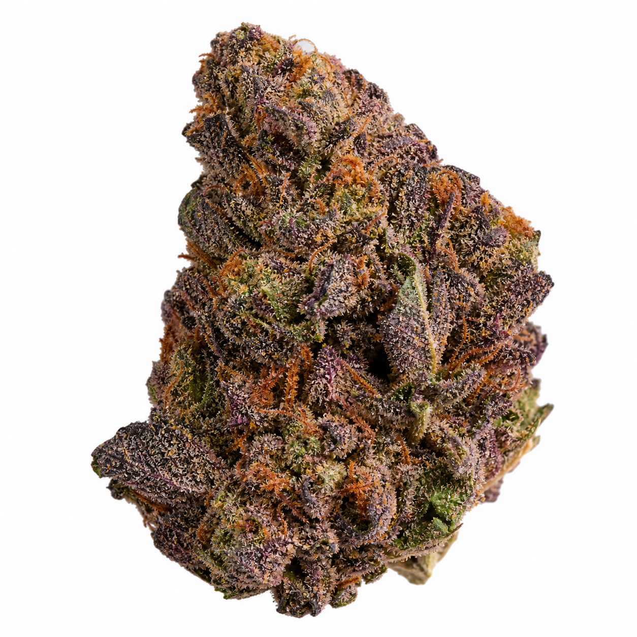 Cogollo de Alien OG en primer plano sobre fondo blanco, con hojas verdes y moradas, filamentos anaranjados y abundantes tricomas.
