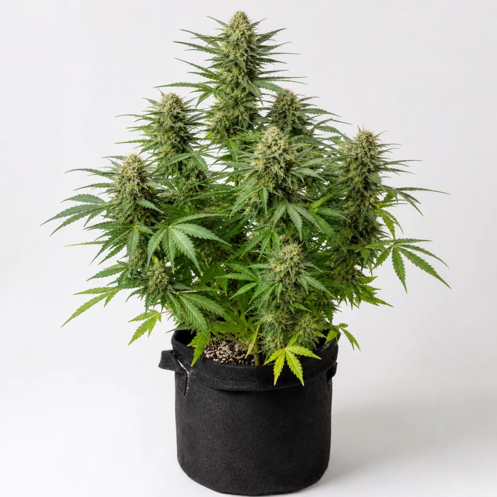Planta Alien OG Feminizada de The Cali Connection en floración, con cogollos alargados y maceta textil negra sobre fondo blanco.